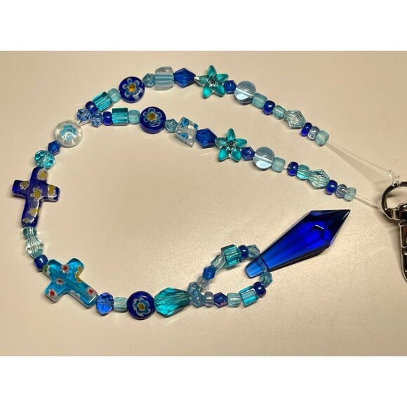 Beaded Suncatcher Rearview Mirror Ornament Cross Blue Crystal Prism Car Charm - Picture 1 of 9